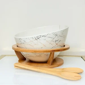 Ceramic Salad Bowl with Bamboo Stand and Servers - Modern Gold Marble Serving Set
