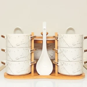 Ceramic Soup Bowl Set with Warmer, Stand & Spoons - 15 Piece Marble Design Serving Set (White & Black)