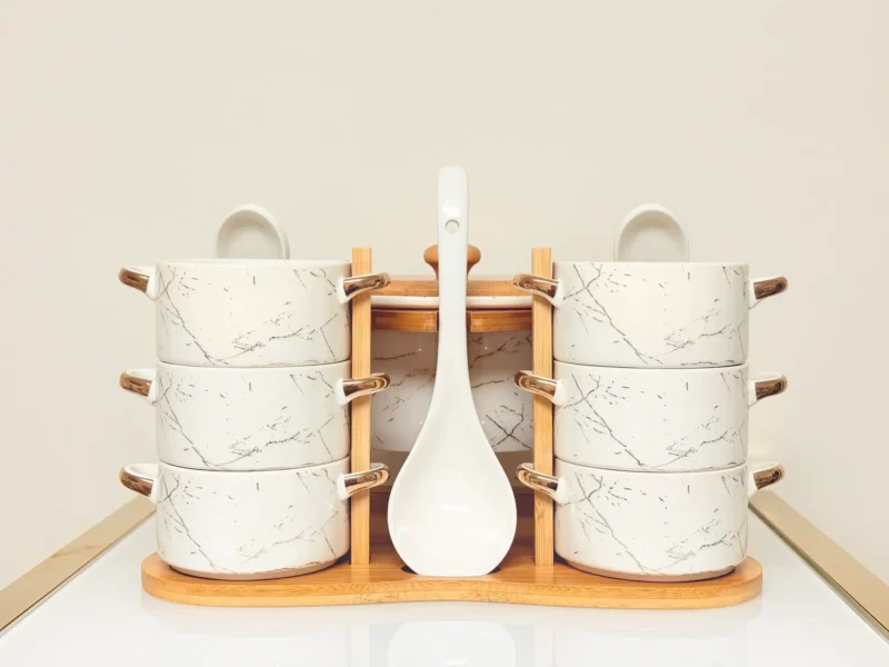 Ceramic Soup Bowl Set with Warmer, Stand & Spoons - 15 Piece Marble Design Serving Set (White & Black)