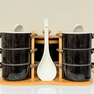Ceramic Soup Bowl Set with Warmer, Stand & Spoons - 15 Piece Marble Design Serving Set (White & Black)