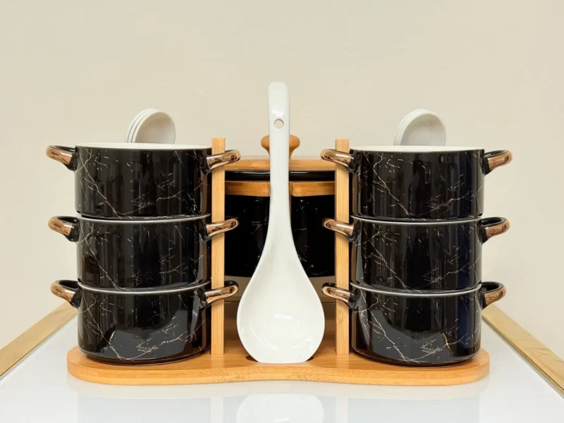 Ceramic Soup Bowl Set with Warmer, Stand & Spoons - 15 Piece Marble Design Serving Set (White & Black)