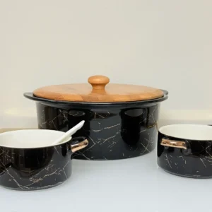 Ceramic Soup Bowl Set with Warmer, Stand & Spoons - 15 Piece Marble Design Serving Set (White & Black)