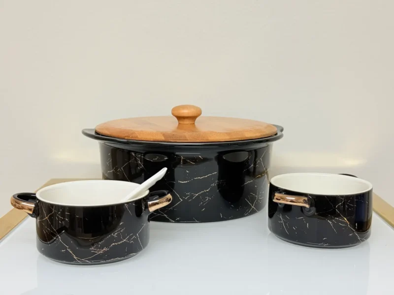 Ceramic Soup Bowl Set with Warmer, Stand & Spoons - 15 Piece Marble Design Serving Set (White & Black)