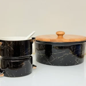 Ceramic Soup Bowl Set with Warmer, Stand & Spoons - 15 Piece Marble Design Serving Set (White & Black)