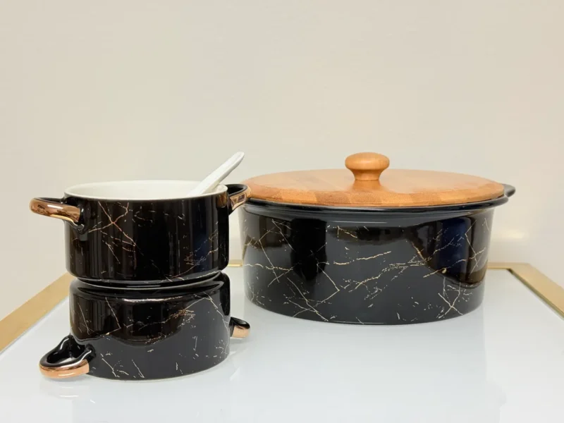 Ceramic Soup Bowl Set with Warmer, Stand & Spoons - 15 Piece Marble Design Serving Set (White & Black)