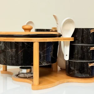 Ceramic Soup Bowl Set with Warmer, Stand & Spoons - 15 Piece Marble Design Serving Set (White & Black)