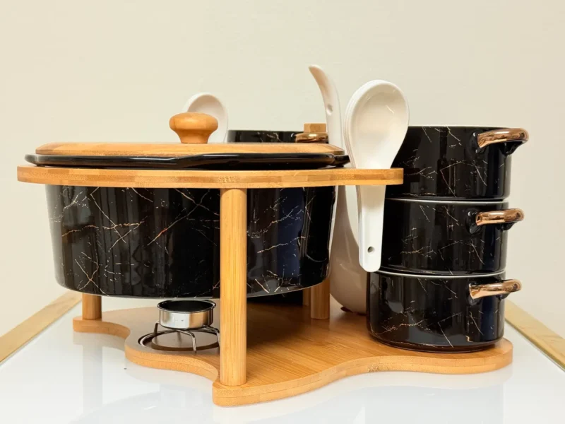 Ceramic Soup Bowl Set with Warmer, Stand & Spoons - 15 Piece Marble Design Serving Set (White & Black)