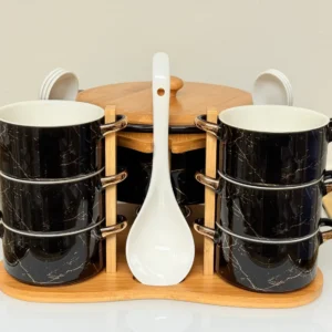 Ceramic Soup Bowl Set with Warmer, Stand & Spoons - 15 Piece Marble Design Serving Set (White & Black)