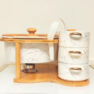 Ceramic Soup Bowl Set with Warmer, Stand & Spoons - 15 Piece Marble Design Serving Set (White & Black)