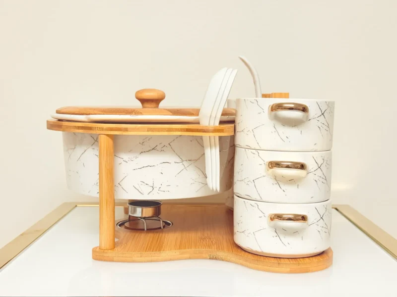 Ceramic Soup Bowl Set with Warmer, Stand & Spoons - 15 Piece Marble Design Serving Set (White & Black)