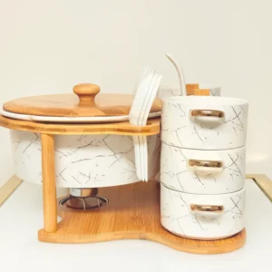 Ceramic Soup Bowl Set with Warmer, Stand & Spoons - 15 Piece Marble Design Serving Set (White & Black)