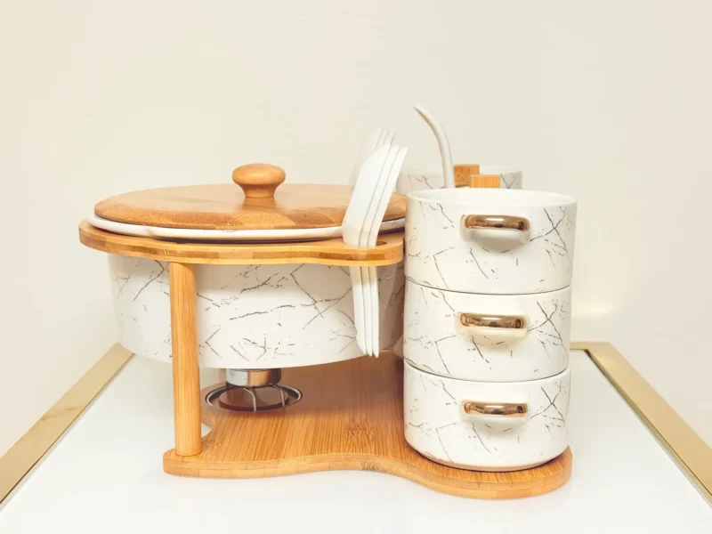 Ceramic Soup Bowl Set with Warmer, Stand & Spoons - 15 Piece Marble Design Serving Set (White & Black)