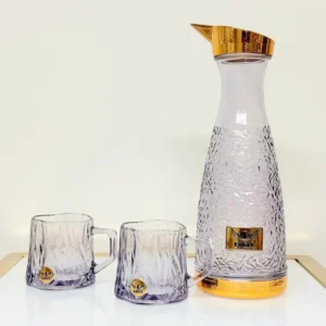 Crystal Glass Pitcher Set with 4 Matching Glasses - Textured Design & Gold Lid