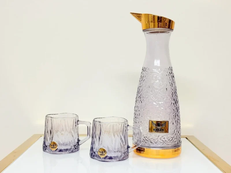Crystal Glass Pitcher Set with 4 Matching Glasses - Textured Design & Gold Lid