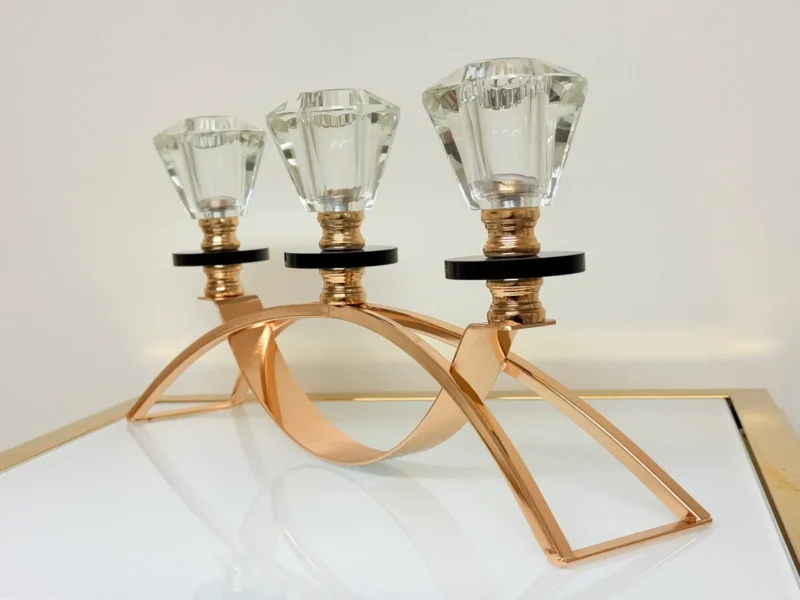 crystal-glass-triple-candle-holder-side-1 Crystal Glass Triple Candle Holder - Elegant Arch Design with Gold Base