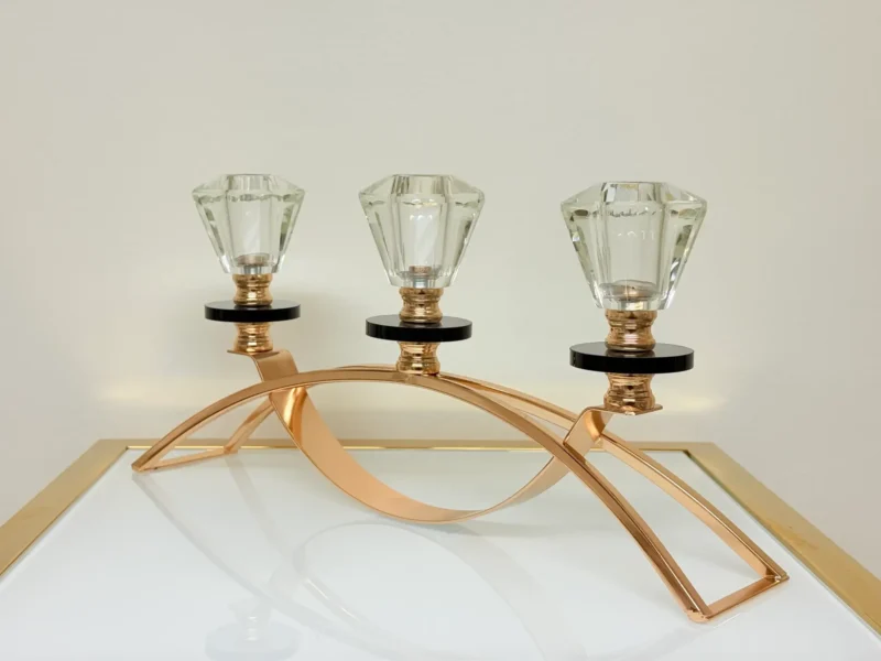 crystal-glass-triple-candle-holder-side Crystal Glass Triple Candle Holder - Elegant Arch Design with Gold Base