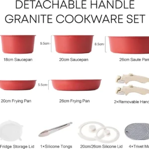 Pink Detachable Handle Cookware Set with Pots, Pans & Lids