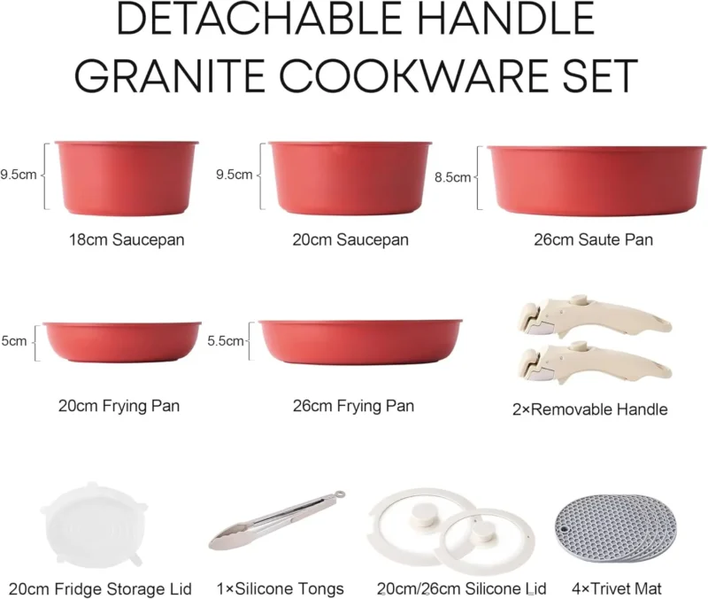 Pink Detachable Handle Cookware Set with Pots, Pans & Lids