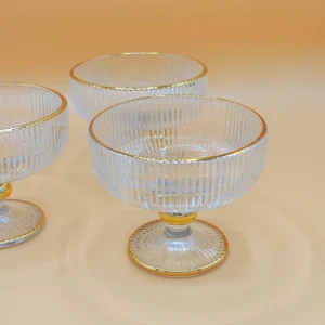 Elegant Gold Rimmed Ribbed Glass Dessert Cups - Set of 6