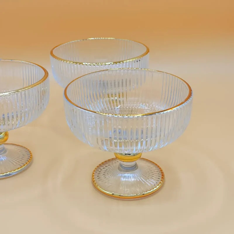 Elegant Gold Rimmed Ribbed Glass Dessert Cups - Set of 6