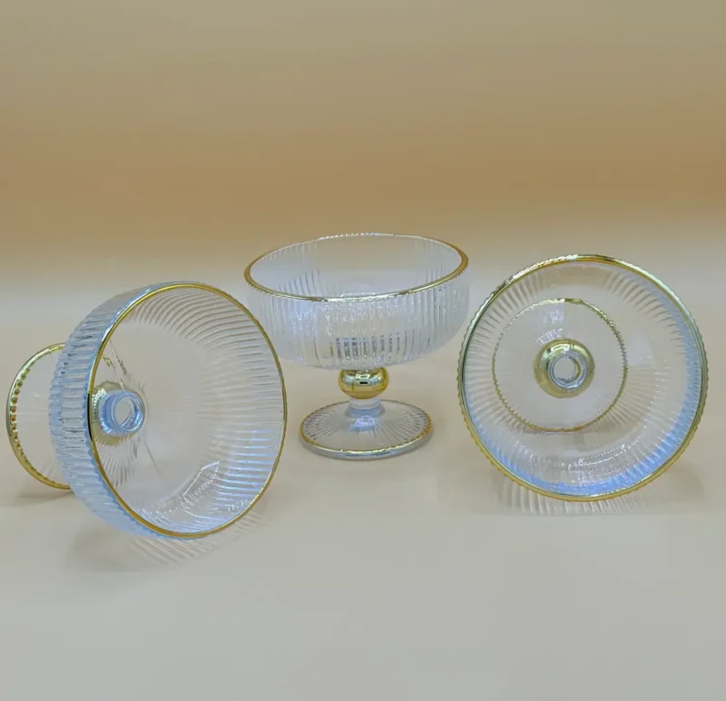 Elegant Gold Rimmed Ribbed Glass Dessert Cups - Set of 6