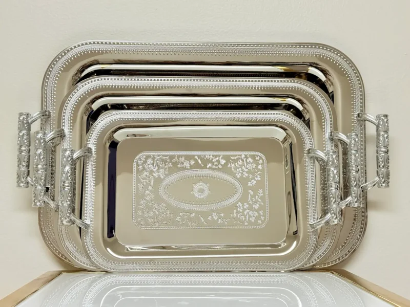 3-Piece Engraved Silver Serving Tray Set with Ornate Handles - Rectangular Display Trays for Parties & Events