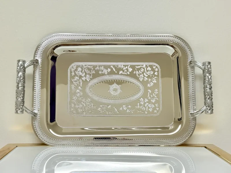 engraved silver serving tray set