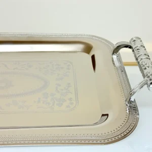 3-Piece Engraved Silver Serving Tray Set with Ornate Handles - Rectangular Display Trays for Parties & Events