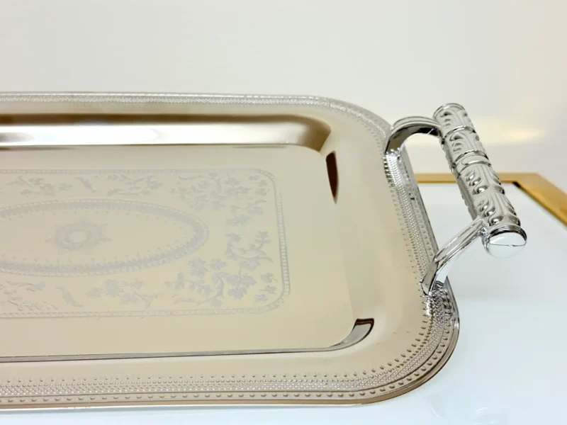 3-Piece Engraved Silver Serving Tray Set with Ornate Handles - Rectangular Display Trays for Parties & Events
