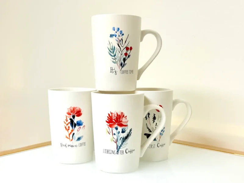 Floral Coffee Mugs Set of 4 - Ceramic Cups with Quotes - 12oz