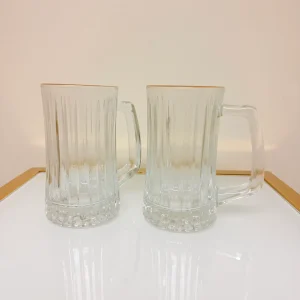 Set of 2 Glass Drinking Mugs with Gold Rim, Ribbed Heavy-Base Design