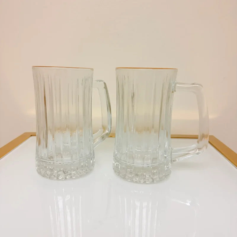 Set of 2 Glass Drinking Mugs with Gold Rim, Ribbed Heavy-Base Design