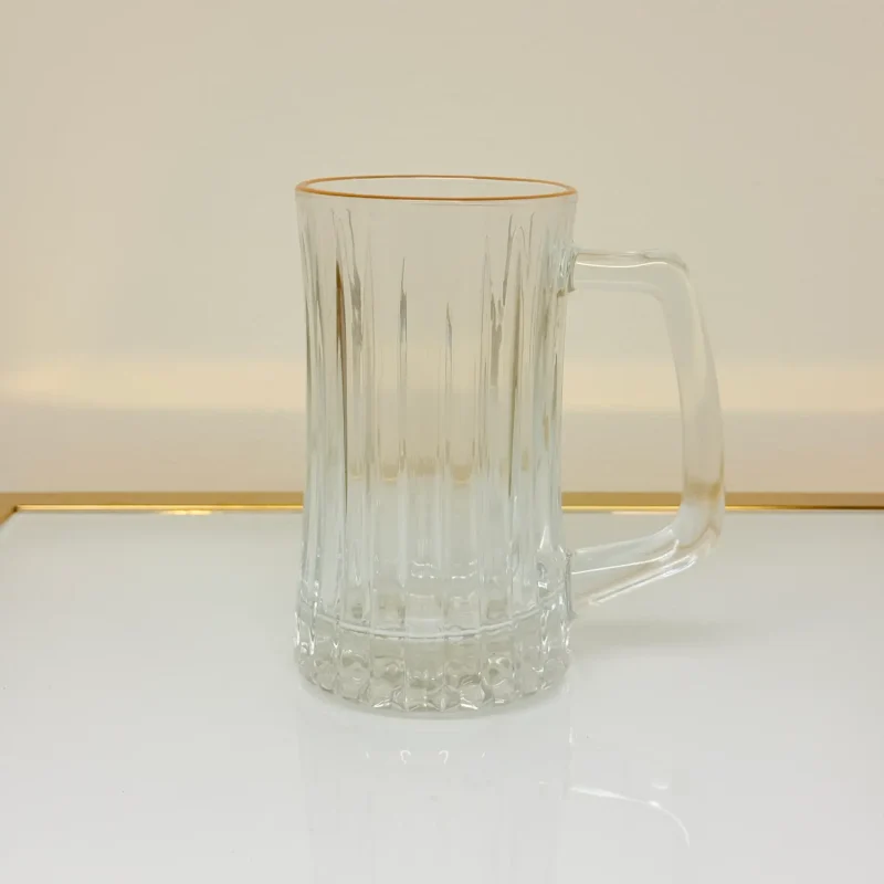 Set of 2 Glass Drinking Mugs with Gold Rim, Ribbed Heavy-Base Design