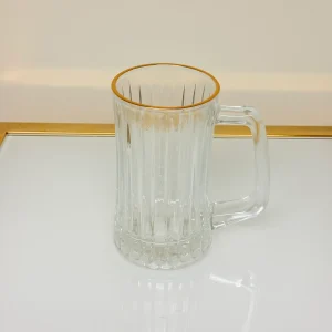 Set of 2 Glass Drinking Mugs with Gold Rim, Ribbed Heavy-Base Design