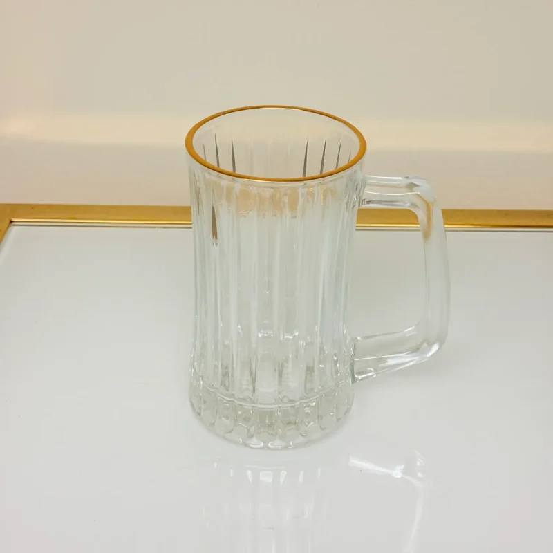 Set of 2 Glass Drinking Mugs with Gold Rim, Ribbed Heavy-Base Design