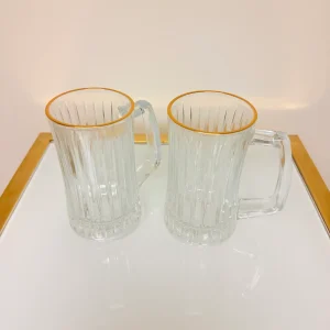 Set of 2 Glass Drinking Mugs with Gold Rim, Ribbed Heavy-Base Design