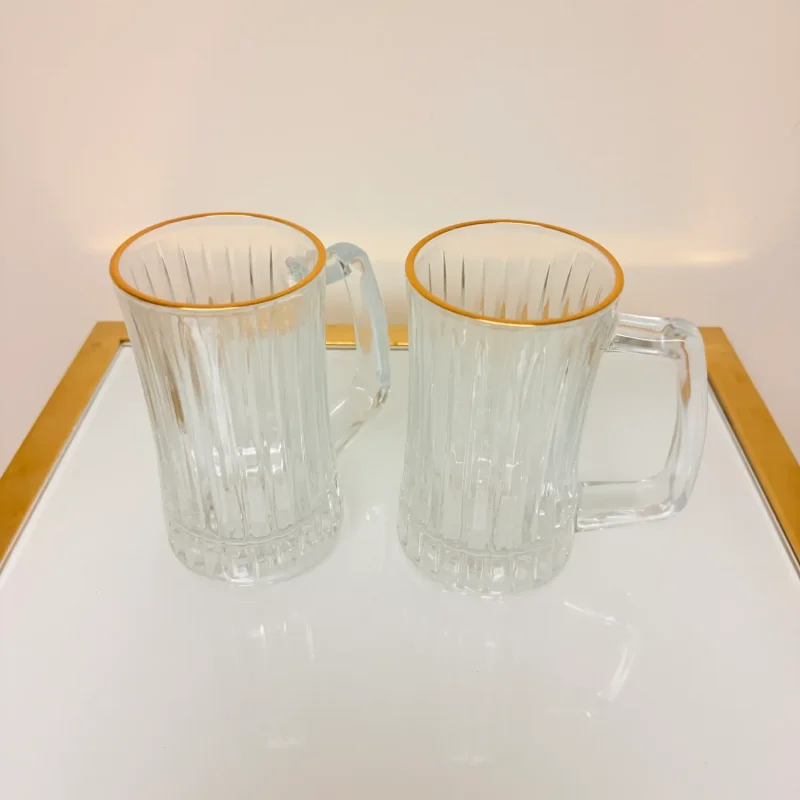 Set of 2 Glass Drinking Mugs with Gold Rim, Ribbed Heavy-Base Design