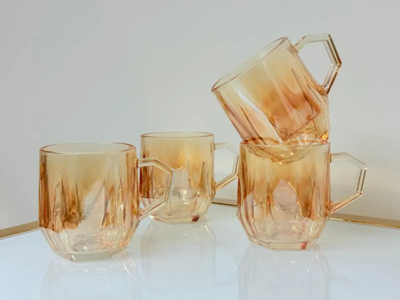 Glass Pitcher and Cup Set - 5 Piece Diamond Cut Amber Glassware