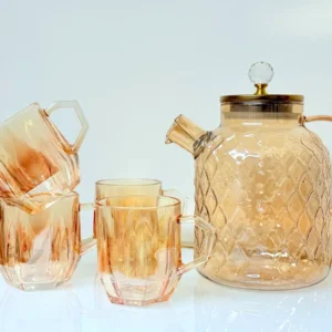 Glass Pitcher and Cup Set - 5 Piece Diamond Cut Amber Glassware