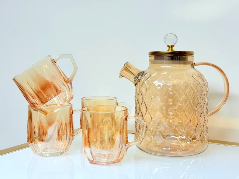 Glass Pitcher and Cup Set - 5 Piece Diamond Cut Amber Glassware