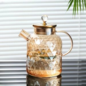 Glass Pitcher and Cup Set - 5 Piece Diamond Cut Amber Glassware