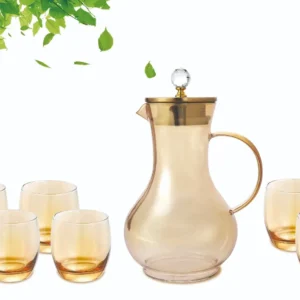 Amber Glass Pitcher Set with 6 Matching Glasses - Elegant Drinkware with Gold-Tone Lid