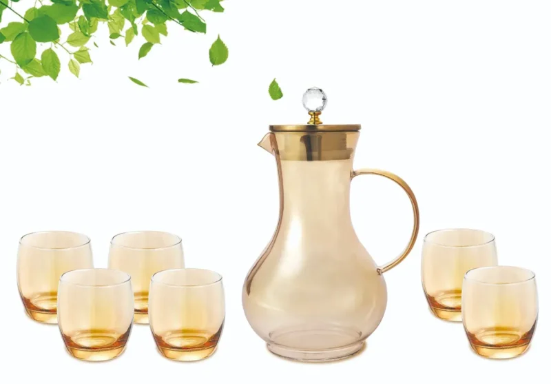 Amber Glass Pitcher Set with 6 Matching Glasses - Elegant Drinkware with Gold-Tone Lid