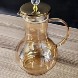 Amber Glass Pitcher Set with 6 Matching Glasses - Elegant Drinkware with Gold-Tone Lid