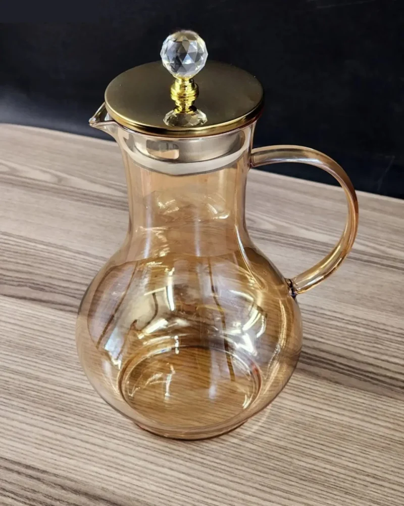 Amber Glass Pitcher Set with 6 Matching Glasses - Elegant Drinkware with Gold-Tone Lid