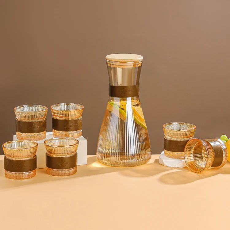 Glass Pitcher Jug Set with Leather Trim and 6 Glasses - 7 Pieces