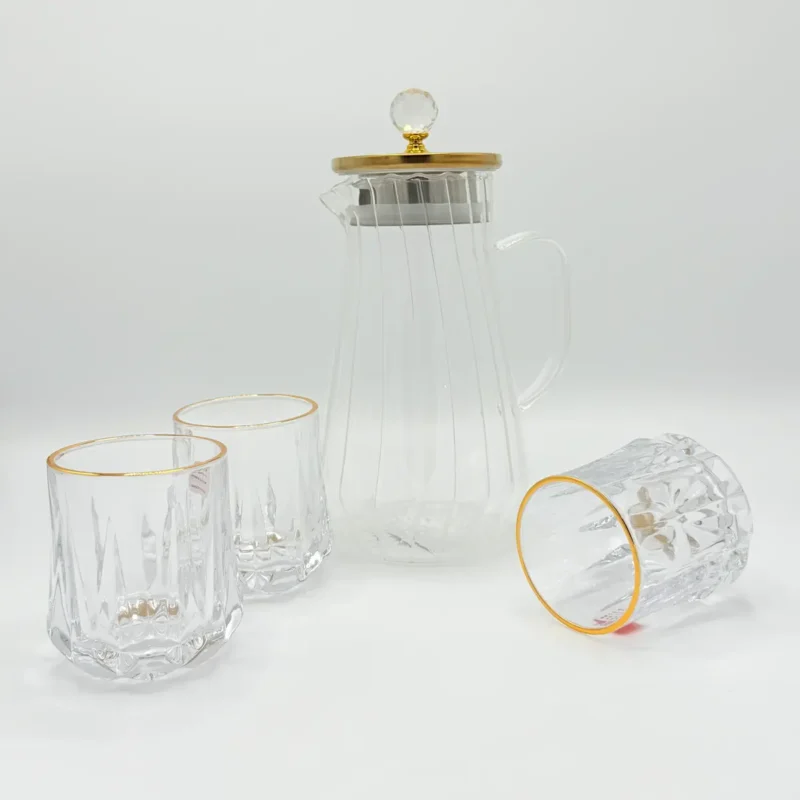 Glass Pitcher Jug Set with Lid, 6 Water Glasses, and Serving Tray
