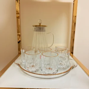 Glass Pitcher Jug Set with Lid, 6 Water Glasses, and Serving Tray