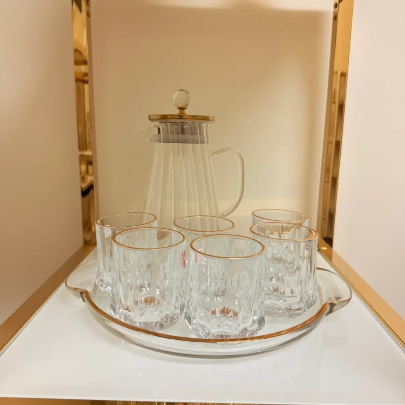 Glass Pitcher Jug Set with Lid, 6 Water Glasses, and Serving Tray