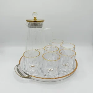 Glass Pitcher Jug Set with Lid, 6 Water Glasses, and Serving Tray